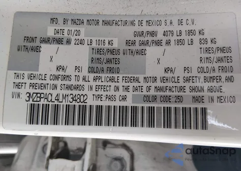 2020 Mazda Mazda3 Select Package из США, поврежденный, VIN 3MZBPACL4LM134802